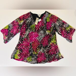 Signature JMB Plus Size 1X Beaded Sheer Layer Tunic Top Multi Color V-Neck NEW!